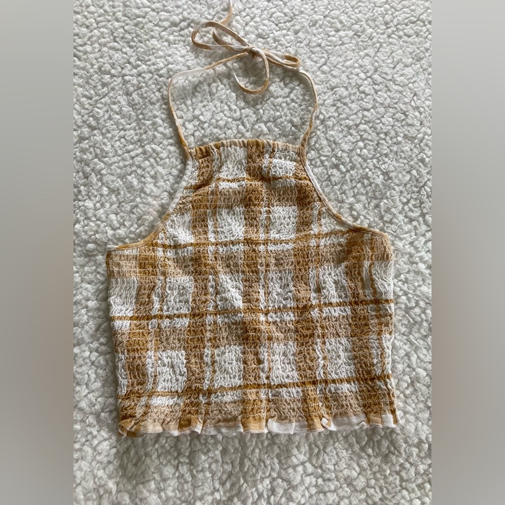 American Eagle Outfitters brown & white halter ribbed crop top, size small